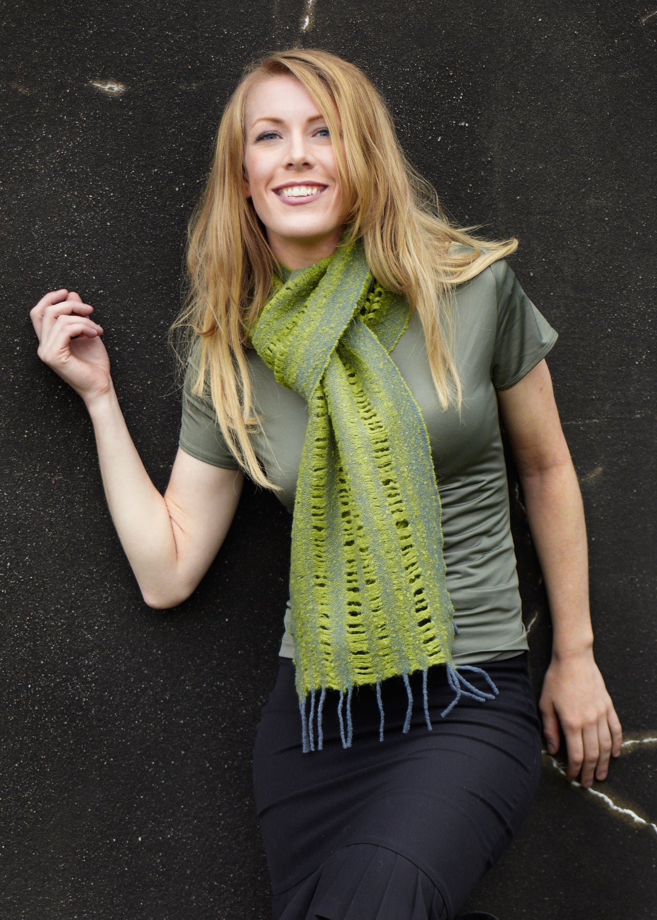 Alpaca Bark Scarf Chartreuse - Natural Fabrics by Lesley LaHave Weaving Studio Handmade